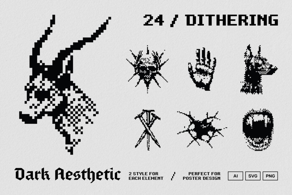 Pixel art black and white illustrations of dark aesthetic symbols, including skull, hand, and wolf, perfect for poster design, AI SVG PNG formats.