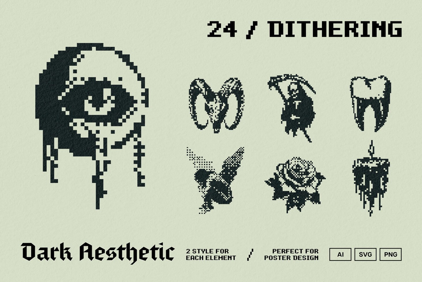 Dark aesthetic icons pack featuring dithering style graphics ideal for designers posters or templates available in AI SVG PNG formats