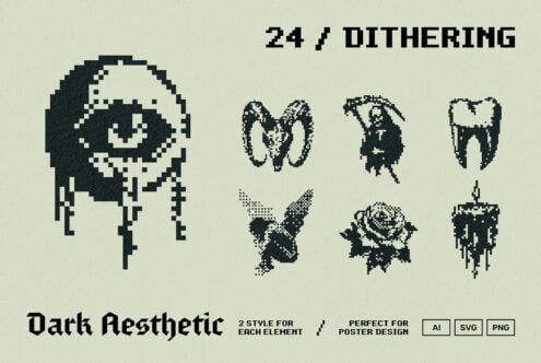 Dark aesthetic icons pack featuring dithering style graphics ideal for designers posters or templates available in AI SVG PNG formats