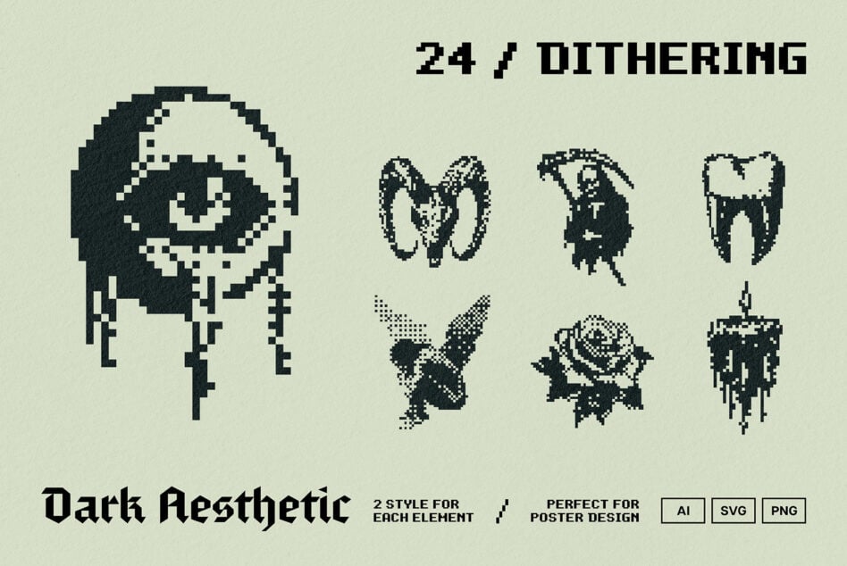 Dark aesthetic icons pack featuring dithering style graphics ideal for designers posters or templates available in AI SVG PNG formats
