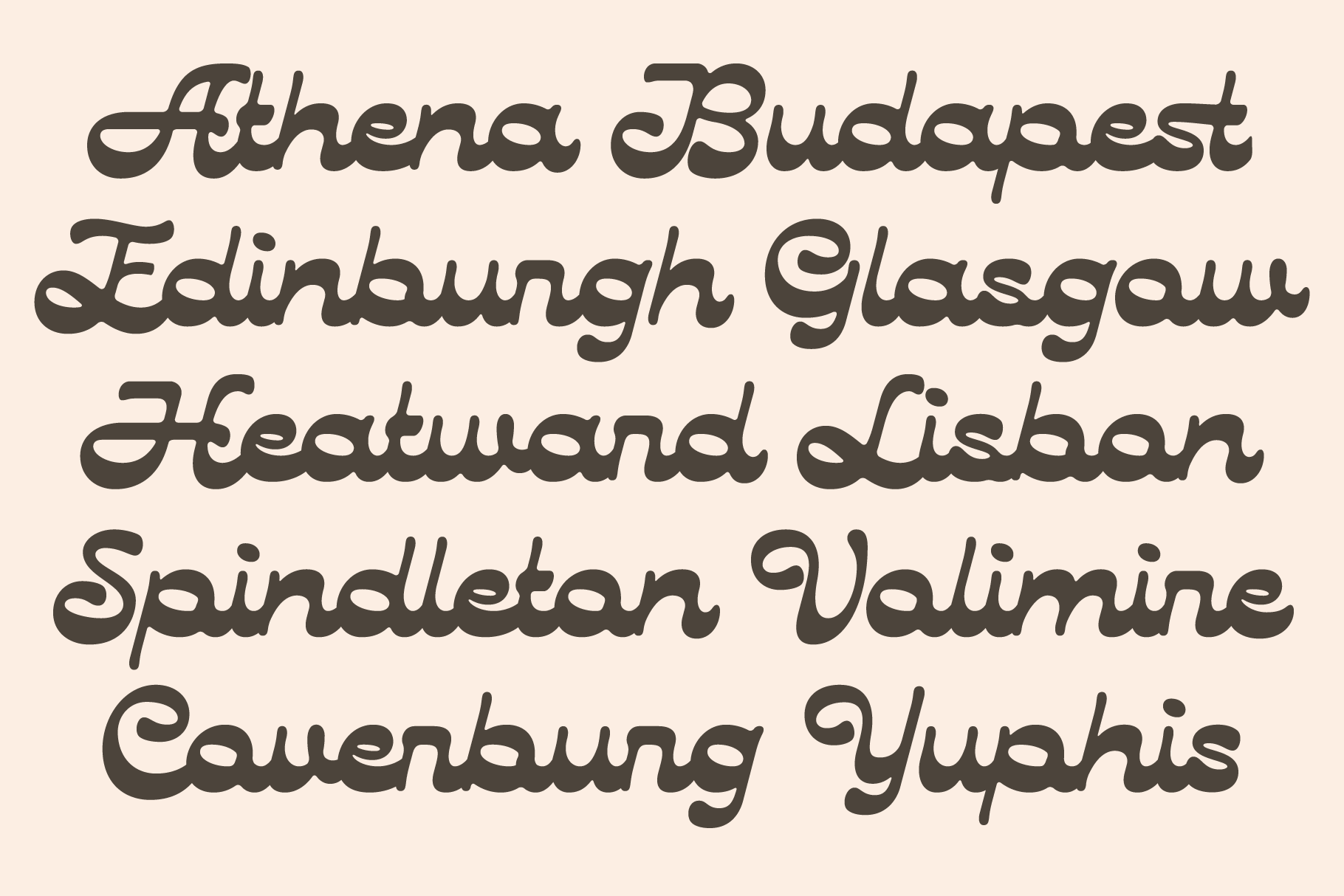 Handwritten script font showcasing names like Athena Budapest Edinburgh Glasgow suitable for graphic design typography projects and creative templates.
