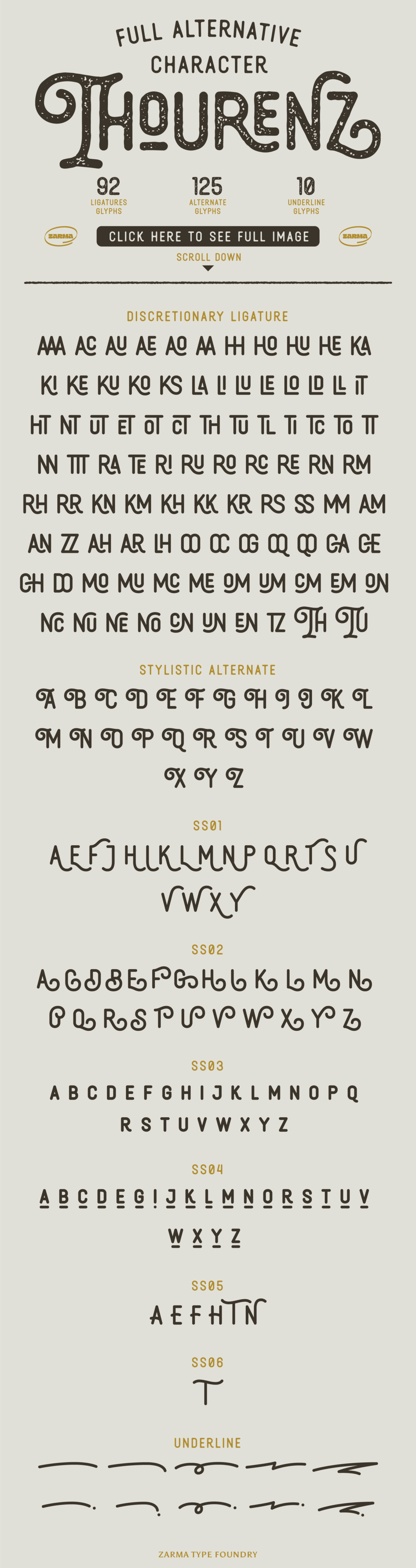 Font specimen sheet displaying full character set, ligatures, stylistic alternates, underlines