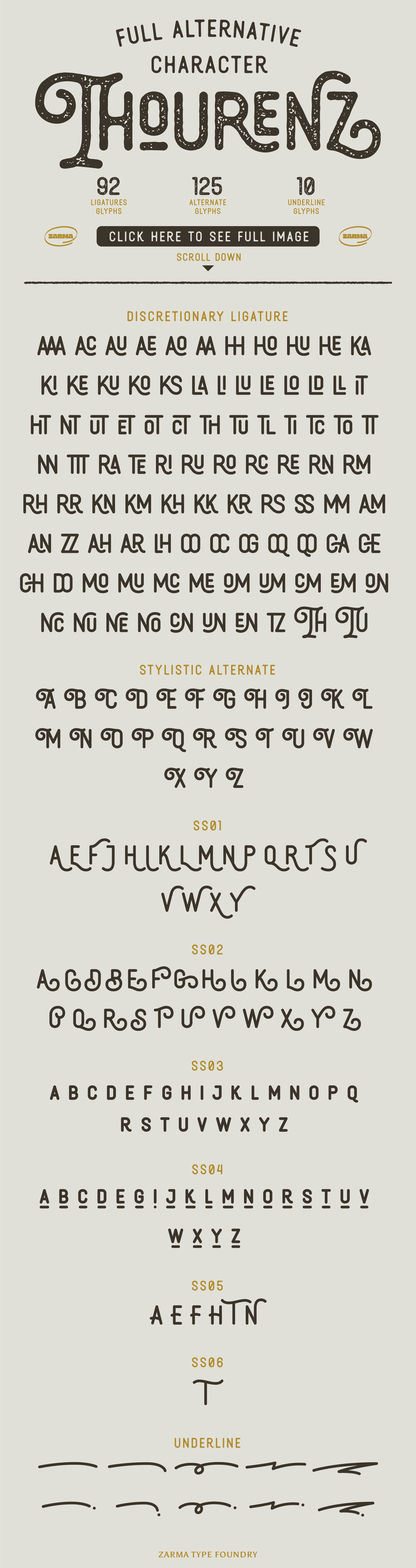 Font design showcasing alternative characters and ligatures; Thourenz font by Zarma Type Foundry; typography asset for creative designers.