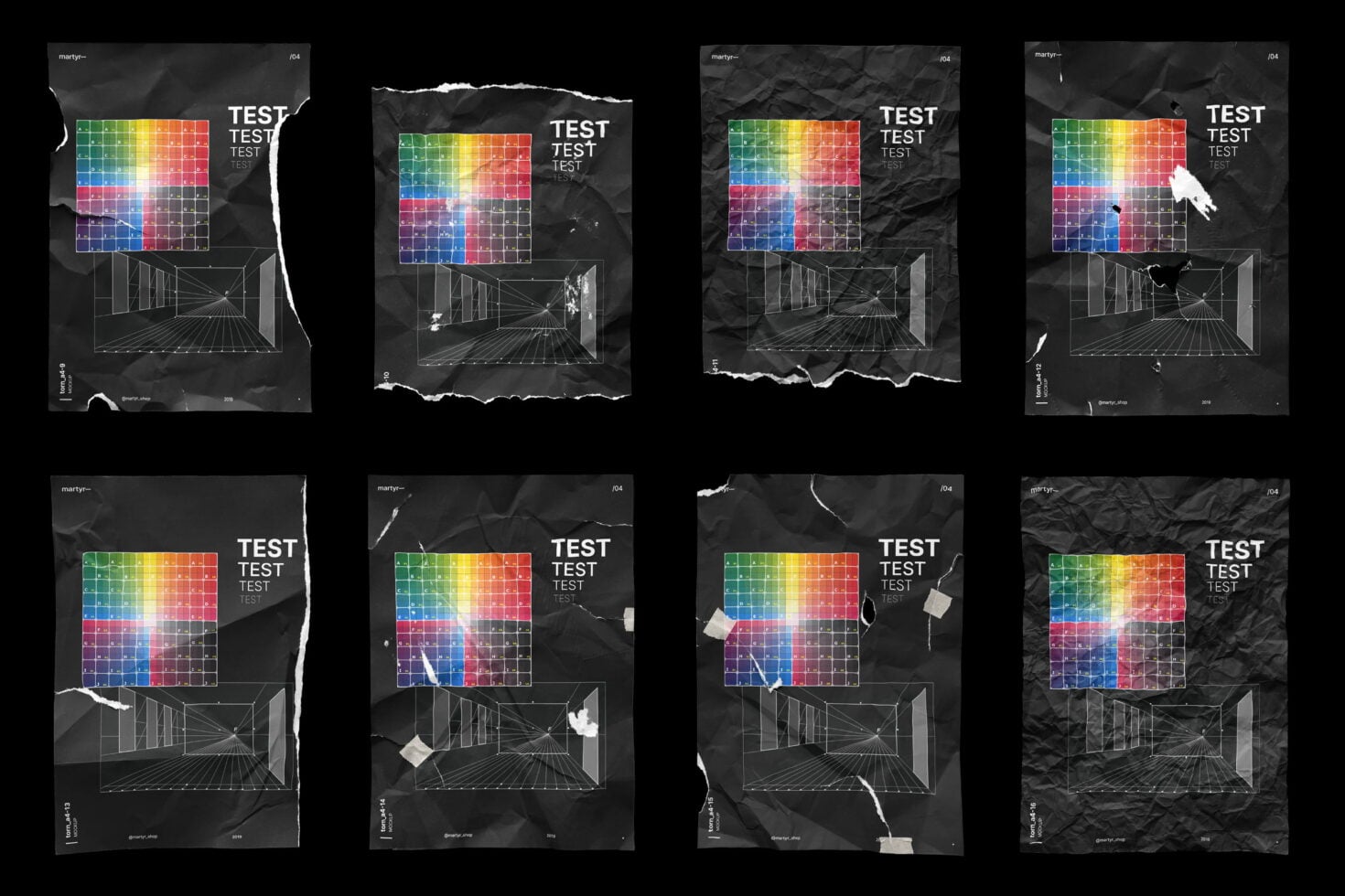 Eight color test cards with torn edges showing rainbow gradients on distressed dark surfaces