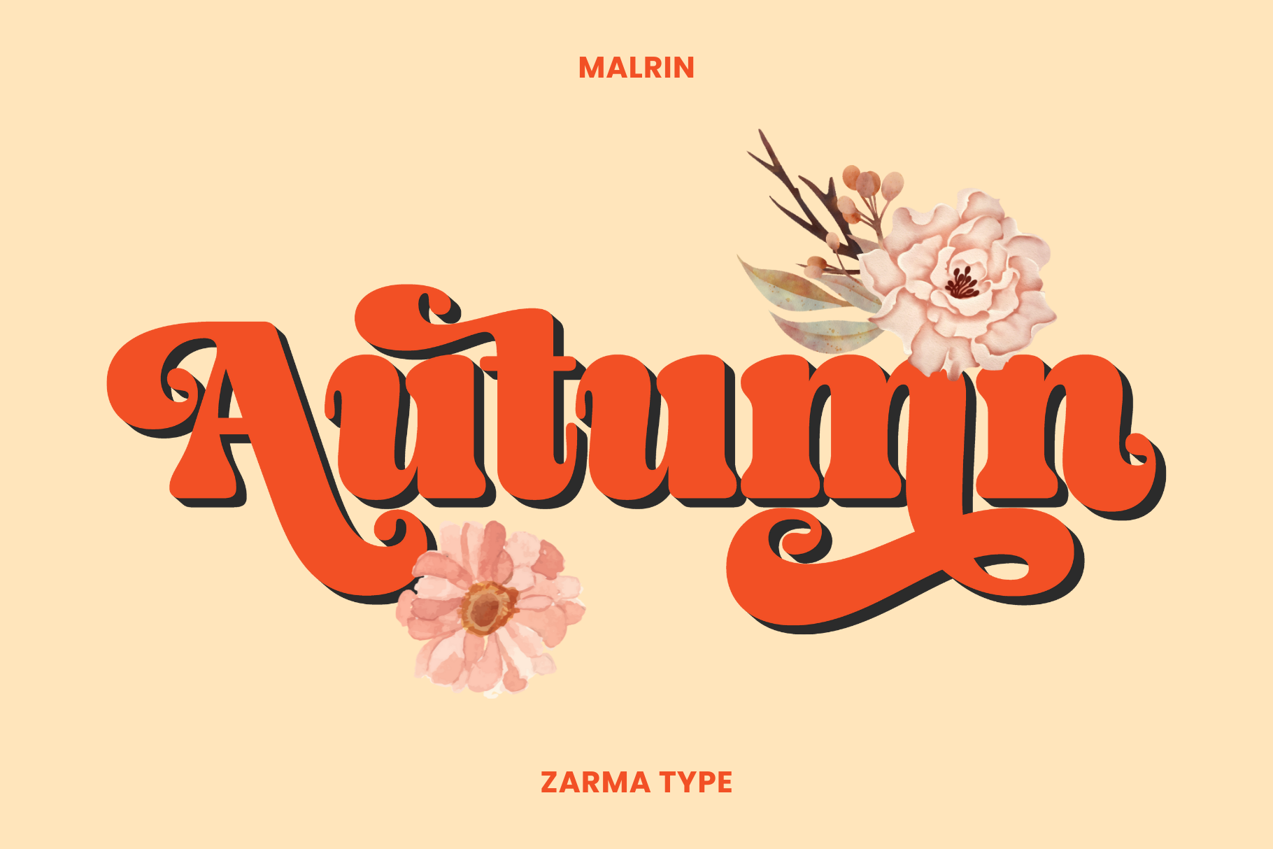 Autumn text in red serif with pink flowers, Zarma type specimen
