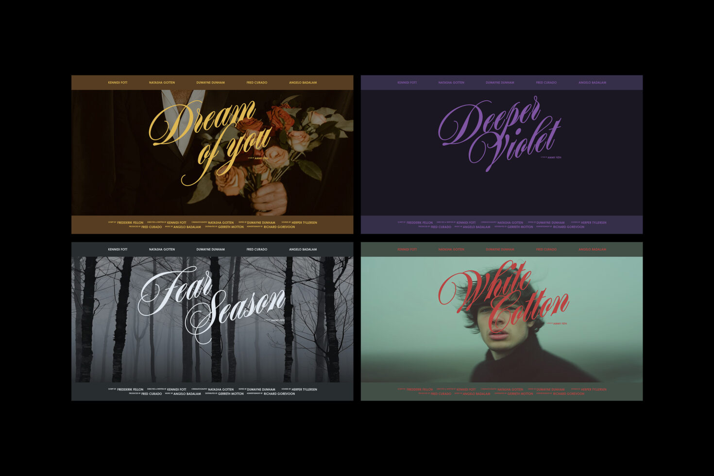Collage of four elegant typographic templates for designers featuring floral, monochrome, and portrait themes; ideal for creative digital asset projects.