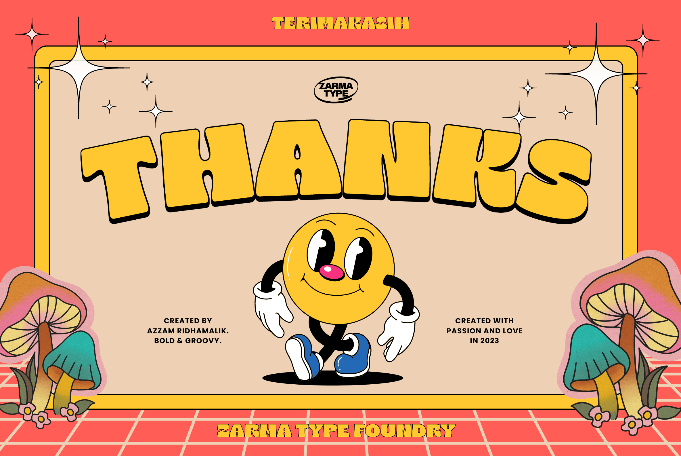 Thaanks font display with happy yellow smiley character in vintage style