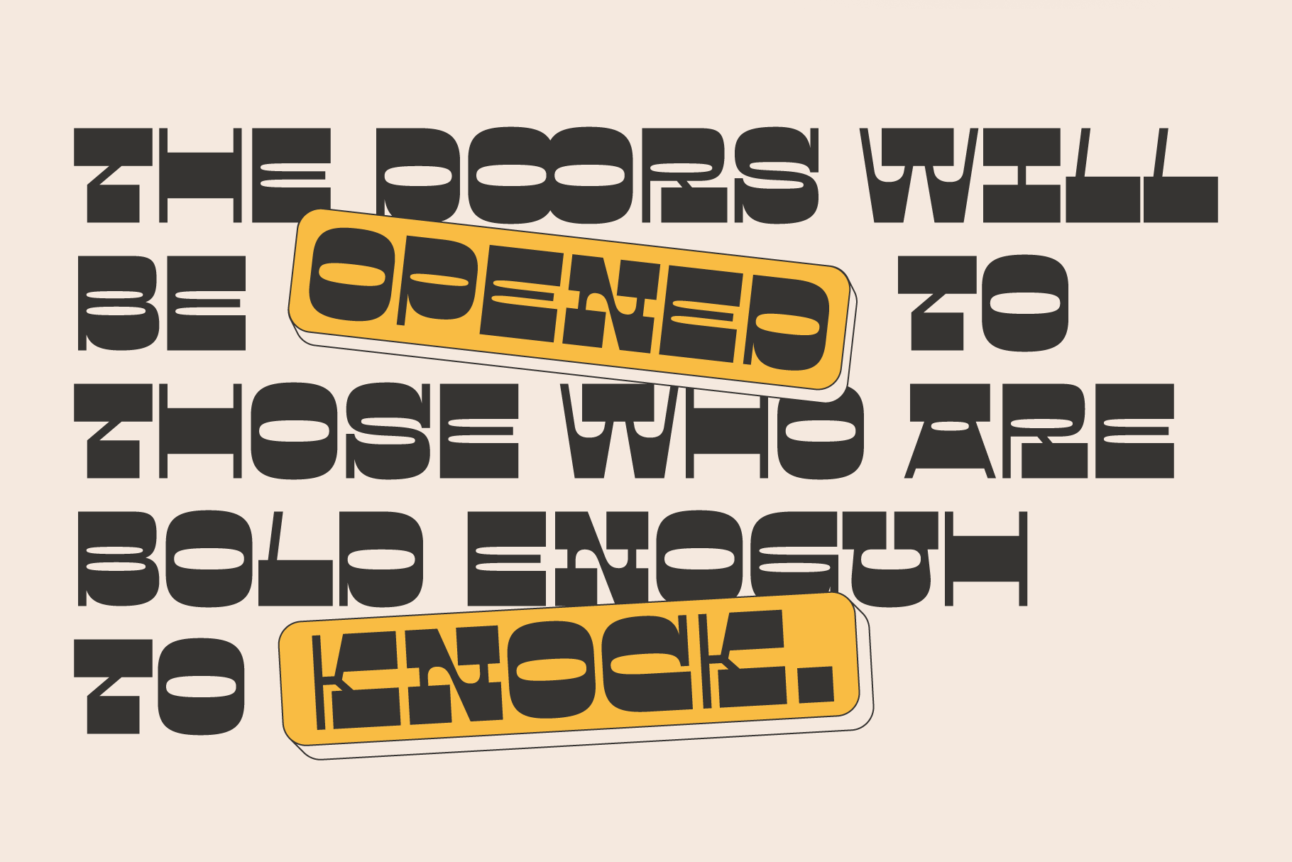 Striped geometric typeface with yellow stamped banner elements highlighting text