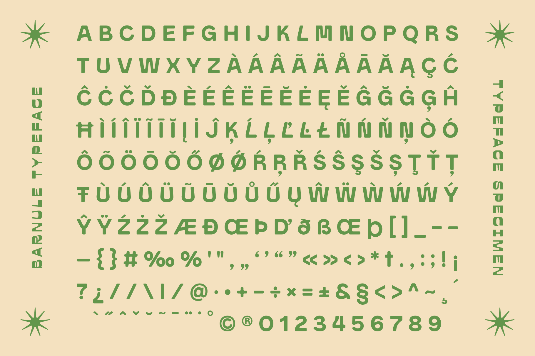 Barnule Typeface specimen showcasing a diverse alphabet set with various accents and special characters in green on a beige background. Ideal for designers.