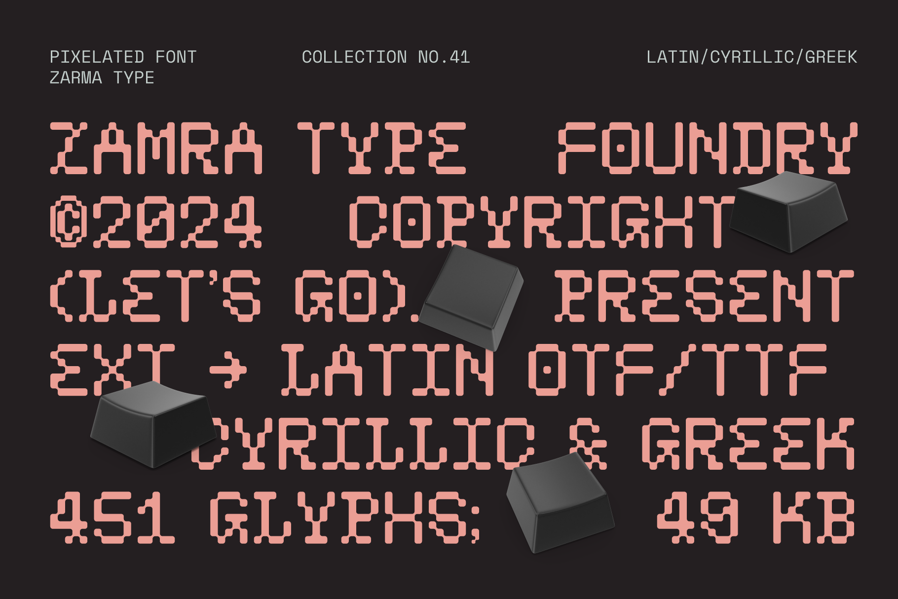Pink pixelated Zarma Type text with dark keyboard keys scattered across black
