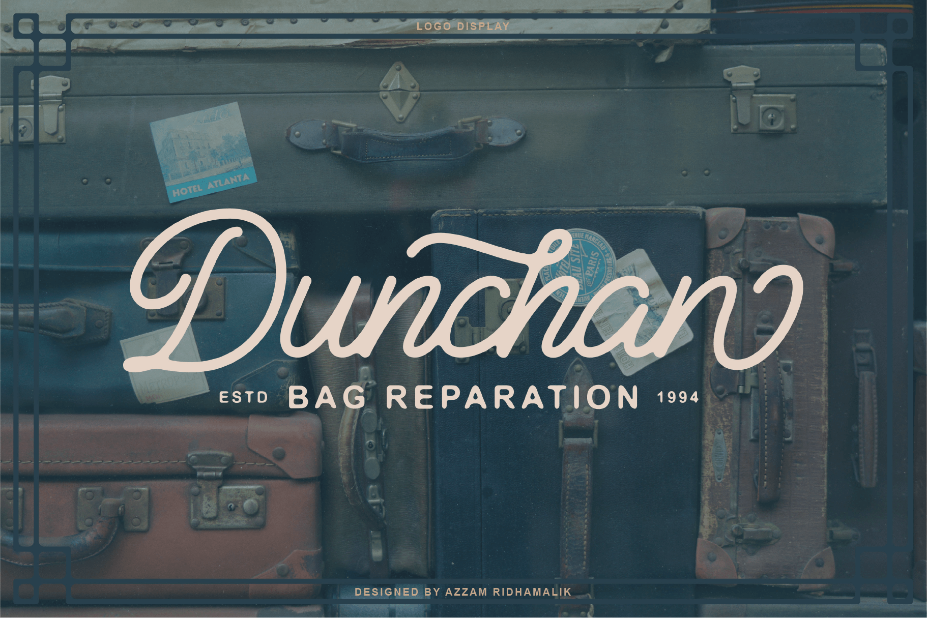 Vintage suitcase mockup featuring elegant script typography on a background of antique luggage. Perfect for branding and design inspiration.