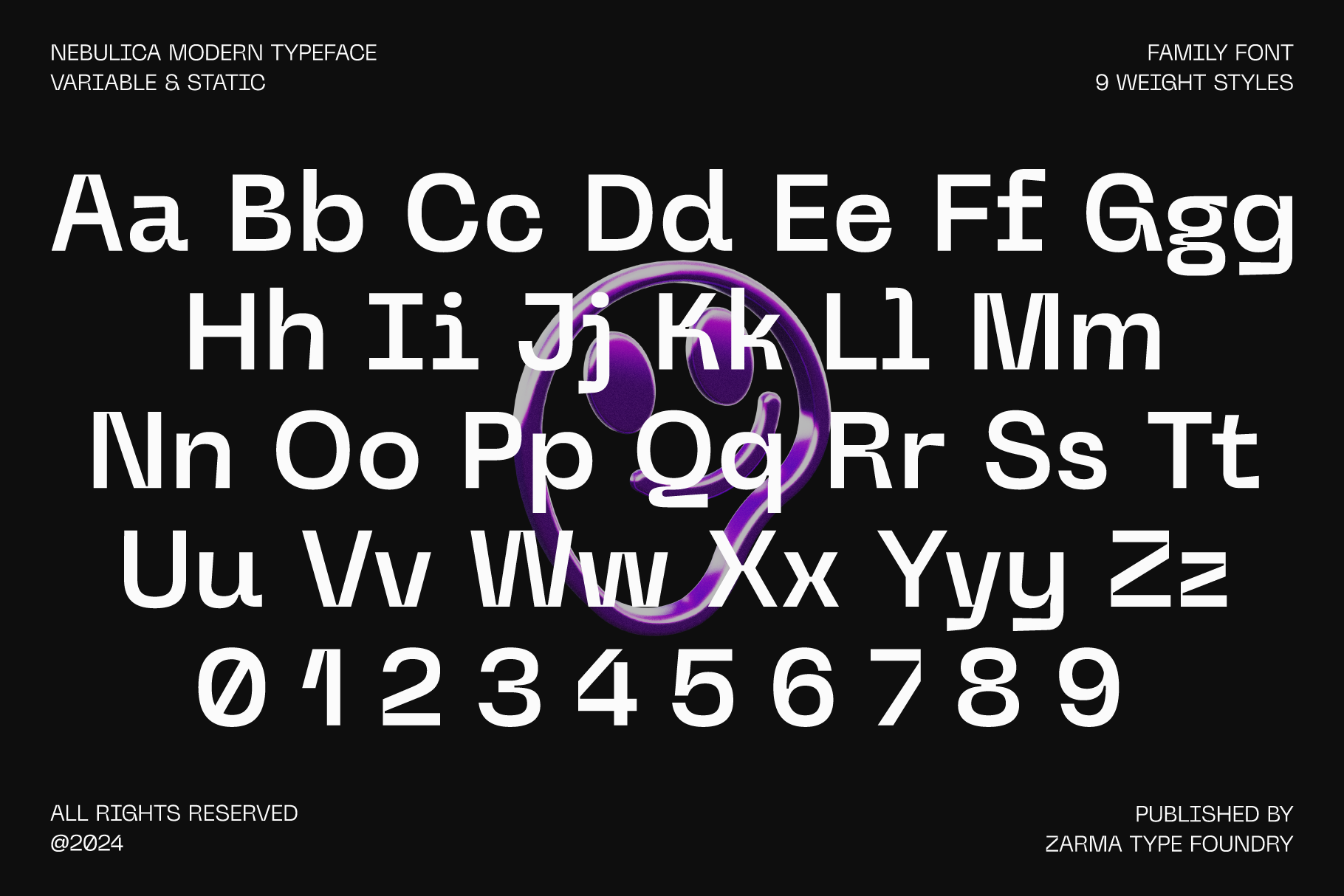 Modern typeface poster showcasing Nebulica font family. Features all letters, numbers, variable and static styles. Ideal for graphic design and templates.