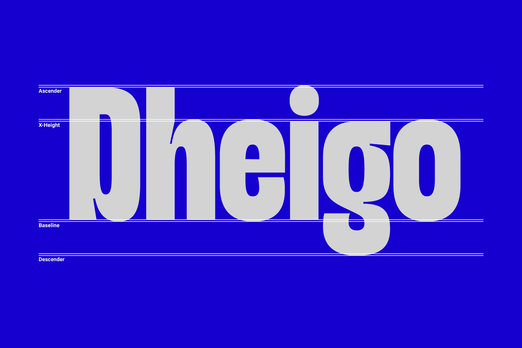 Bold modern sans-serif font spelling Pheigo with typography lines and measurements on a vibrant blue background perfect for design projects SEO fonts