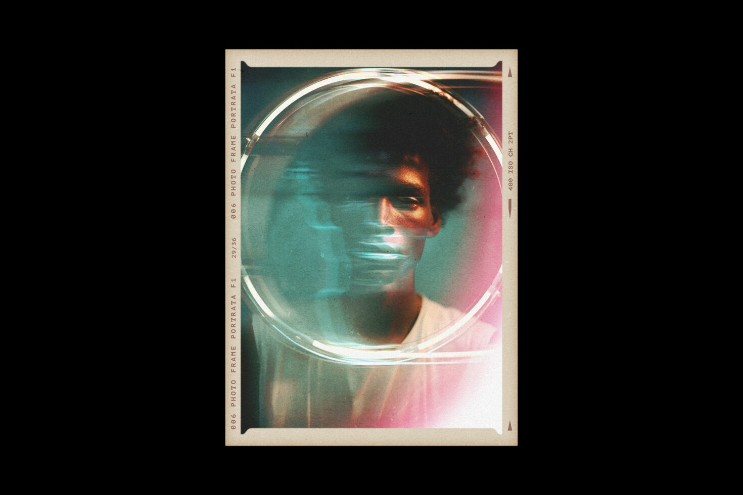 Abstract portrait graphic with a vintage film frame effect showcasing modern photography techniques ideal for design projects, mockups, creative templates.