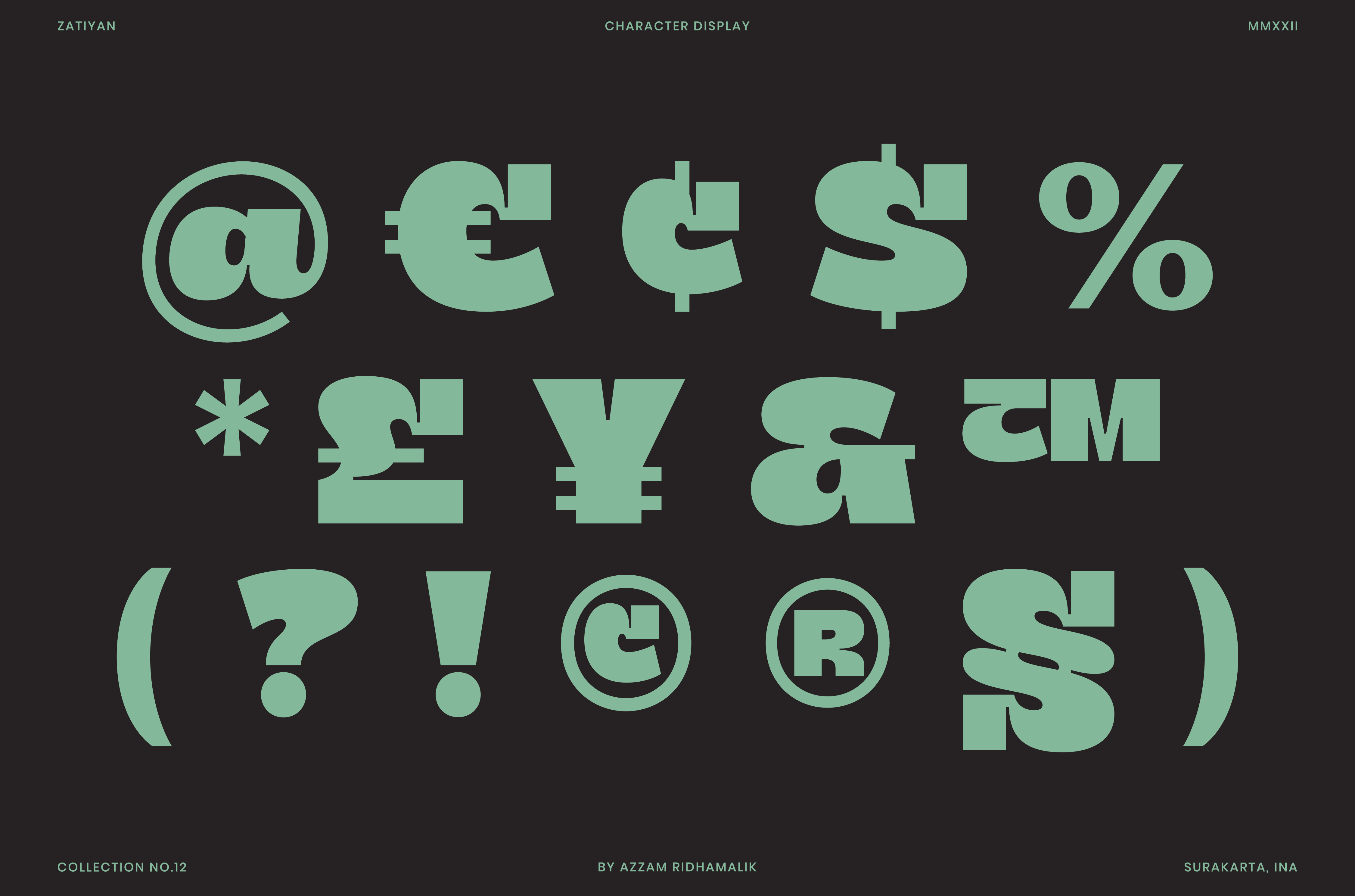 Bold decorative font showcasing various symbols and currency signs on a dark background. Ideal for graphic designers seeking unique typography templates.