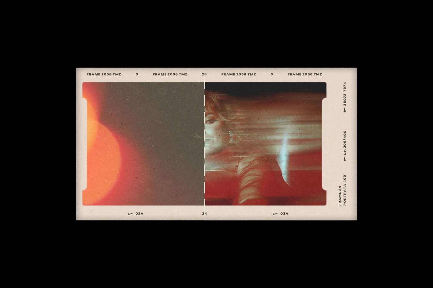 Vintage film strip template featuring a blurred portrait with light leaks, ideal for graphic design projects, retro mockups, and creative overlays.