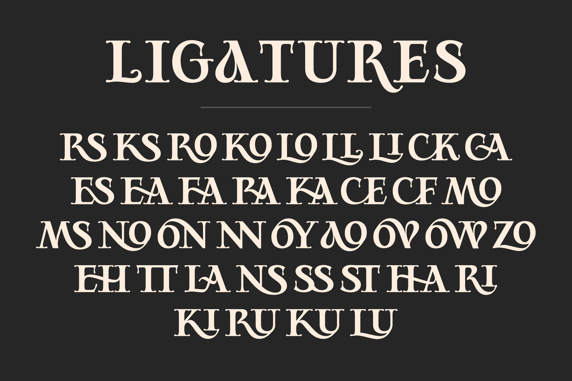 Elegant ligature font design featuring stylized alphabet pairs on a dark background suitable for graphic design and typography templates.