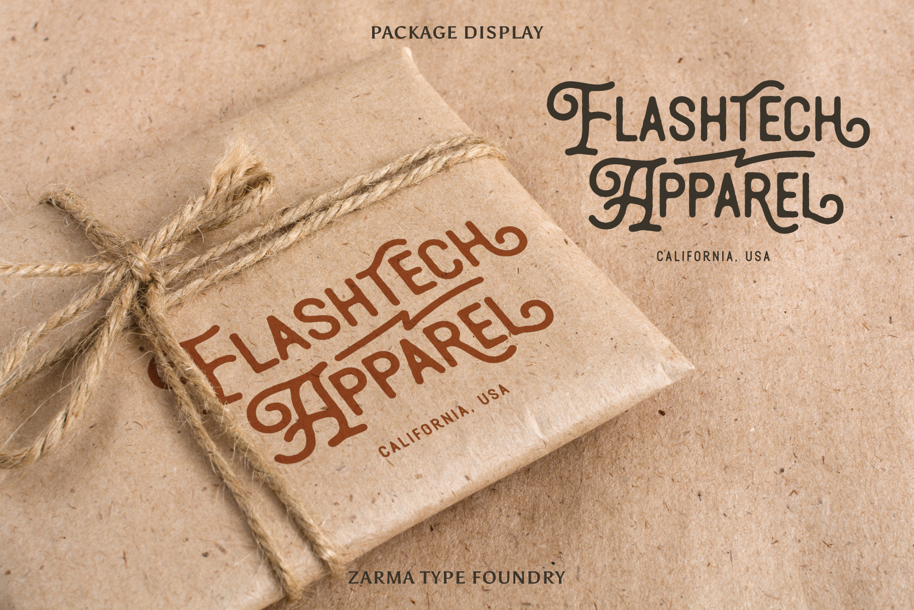 Kraft paper packaging with vintage lettering for FlashTech Apparel. Ideal for font and branding mockups. Keywords: packaging, typography, design mockup.