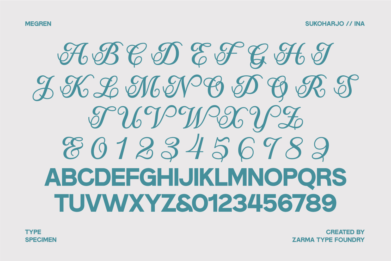 Sukohajo Ina font specimen showing cursive capitals, lowercase letters, numbers