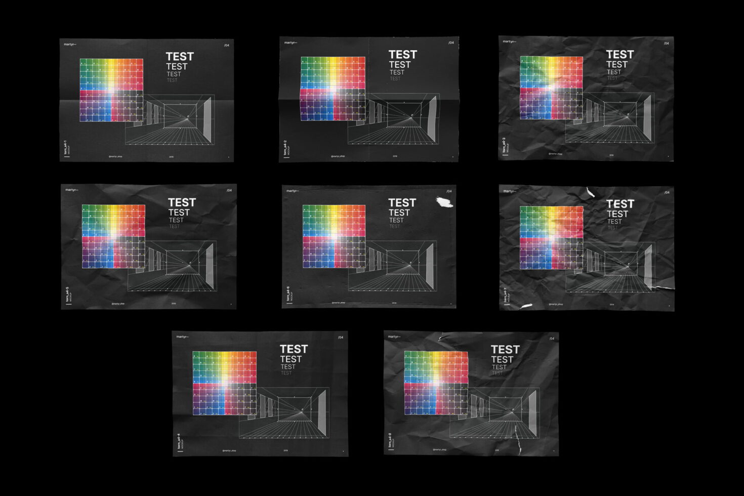 Nine color test card mockups with vibrant gradient squares on dark wrinkled paper