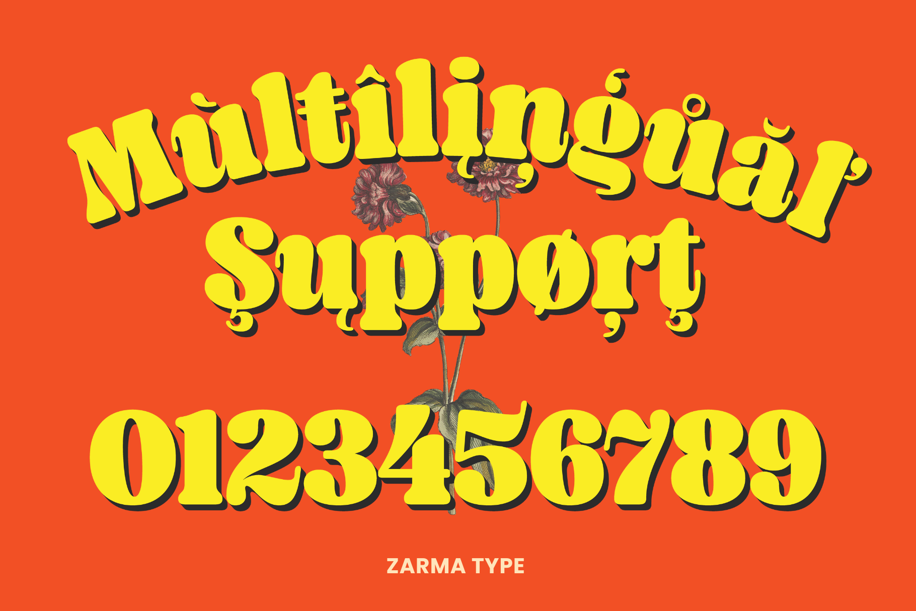 Multilingual Support phone number in yellow serif on orange, Zarma type