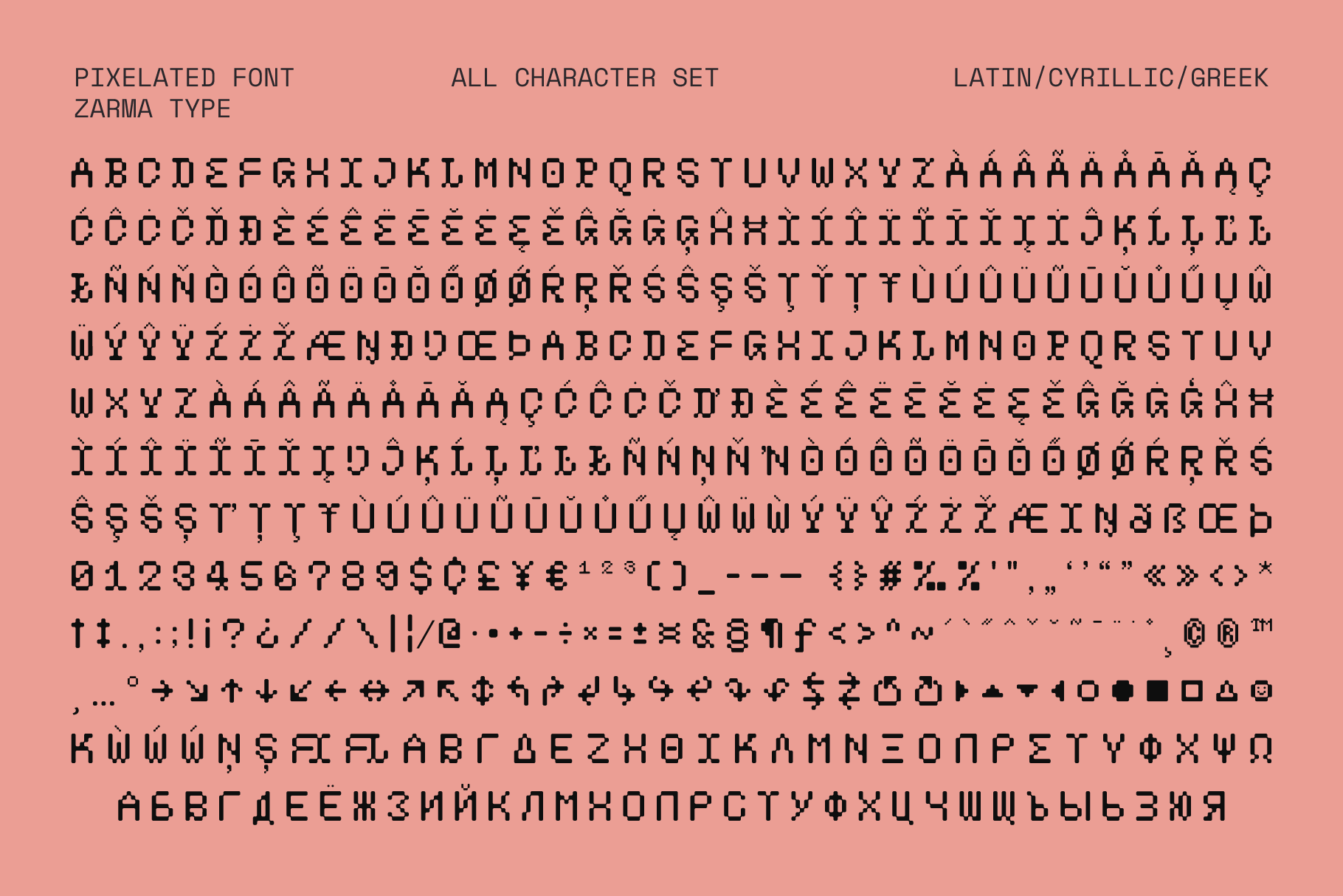 Zarma Type font specimen showing full character set with accents on coral pink