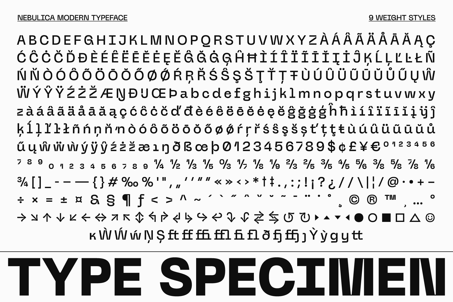Typeface design showcasing Nebulica Modern font. Includes uppercase, lowercase, numerals, punctuation and symbols. Ideal for digital design templates.