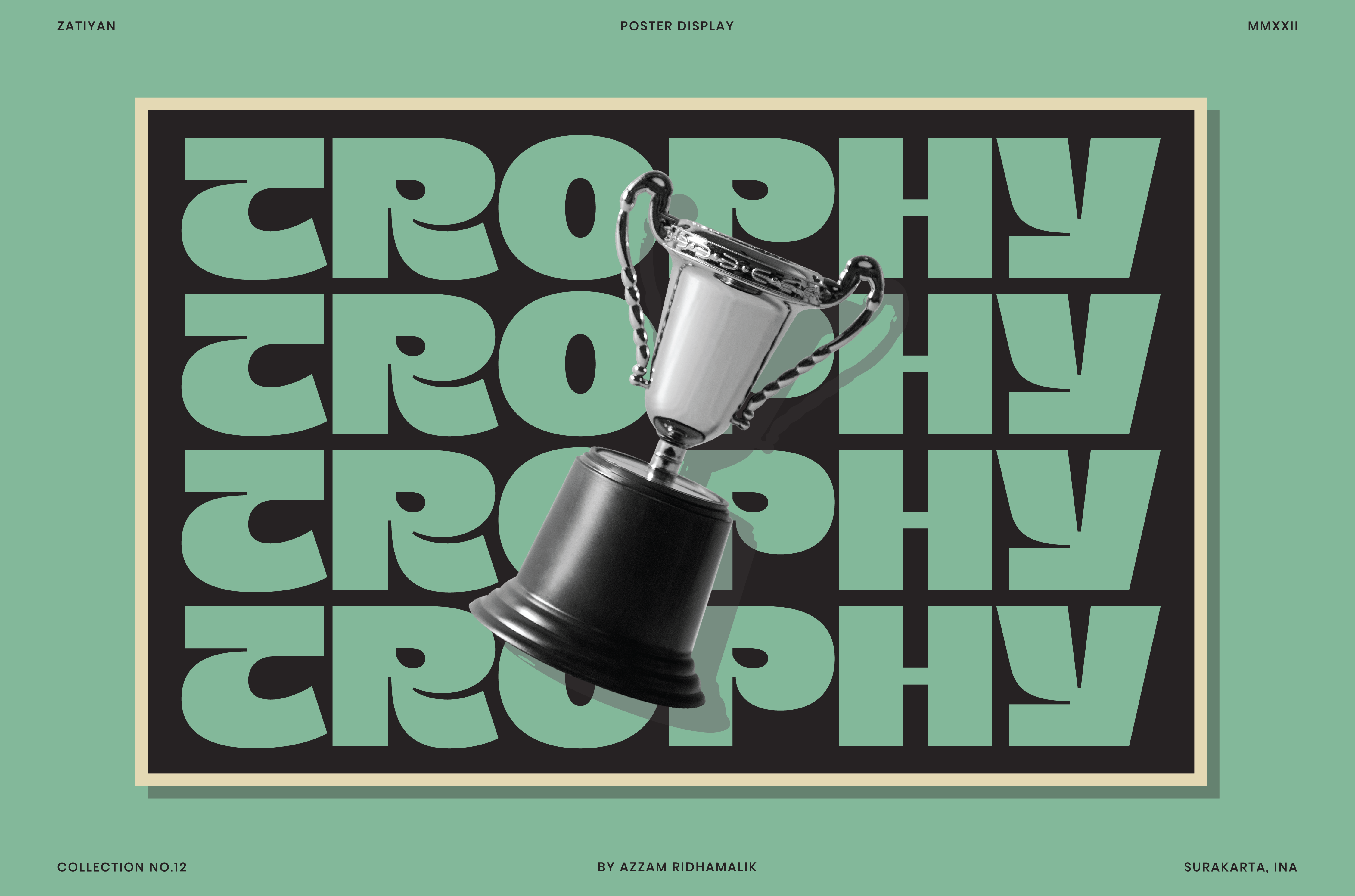 Bold graphic poster featuring trophy imagery with stylized typography. Ideal for design projects, posters, and creative displays. Mockup resource.