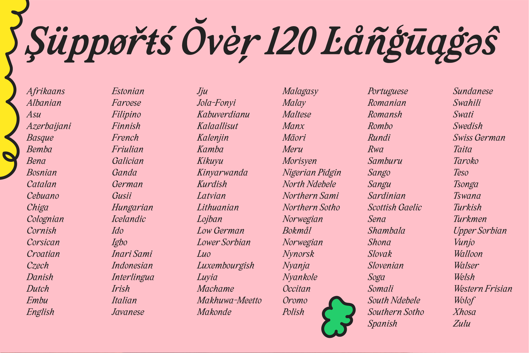 Font design supporting over 120 languages displayed on a pink background. Suitable for multilingual typography, graphic design, font templates.