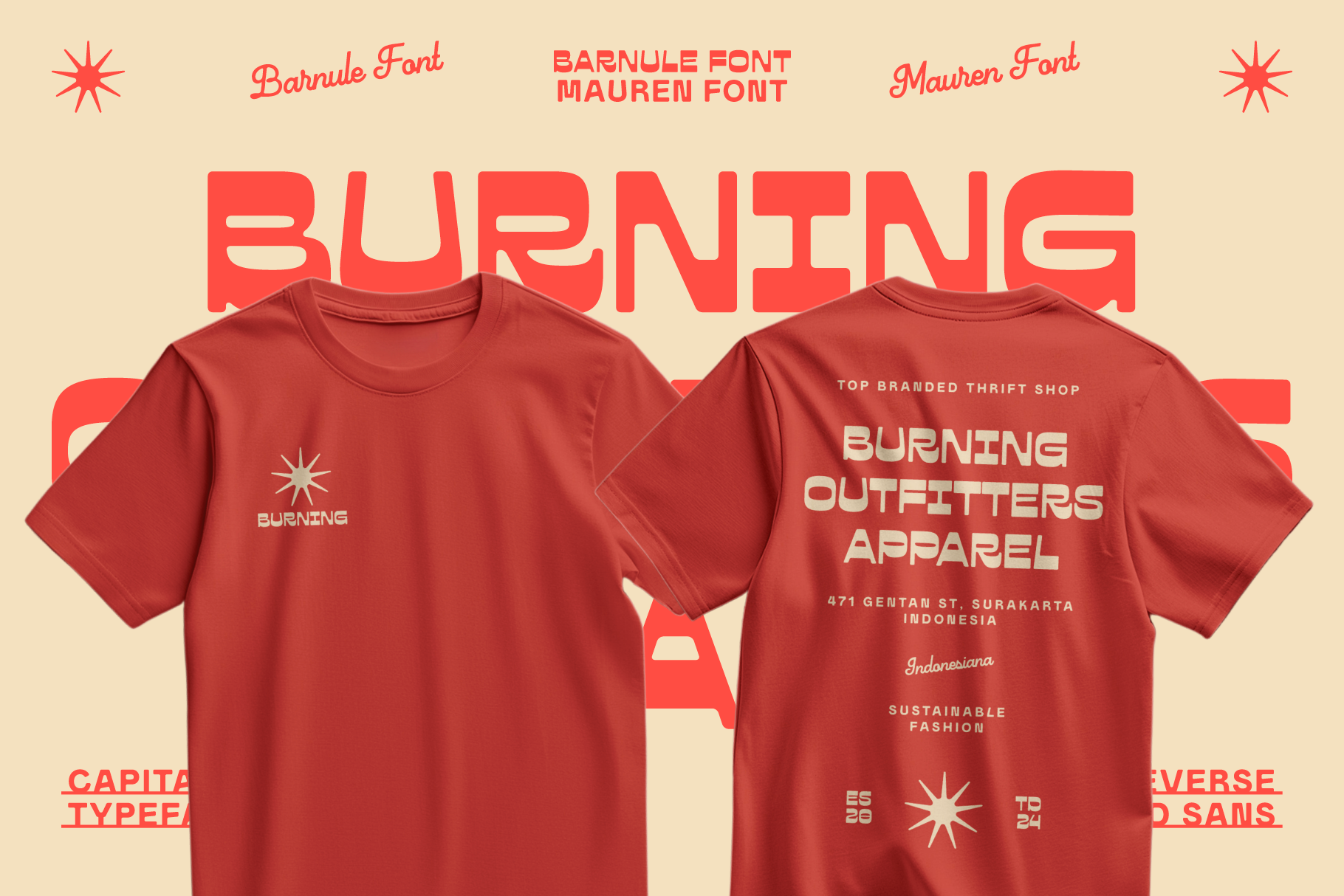 Red t-shirt mockup with custom retro fonts Barnule and Mauren. Front logo and back text promote sustainable fashion. Ideal for graphic designers.