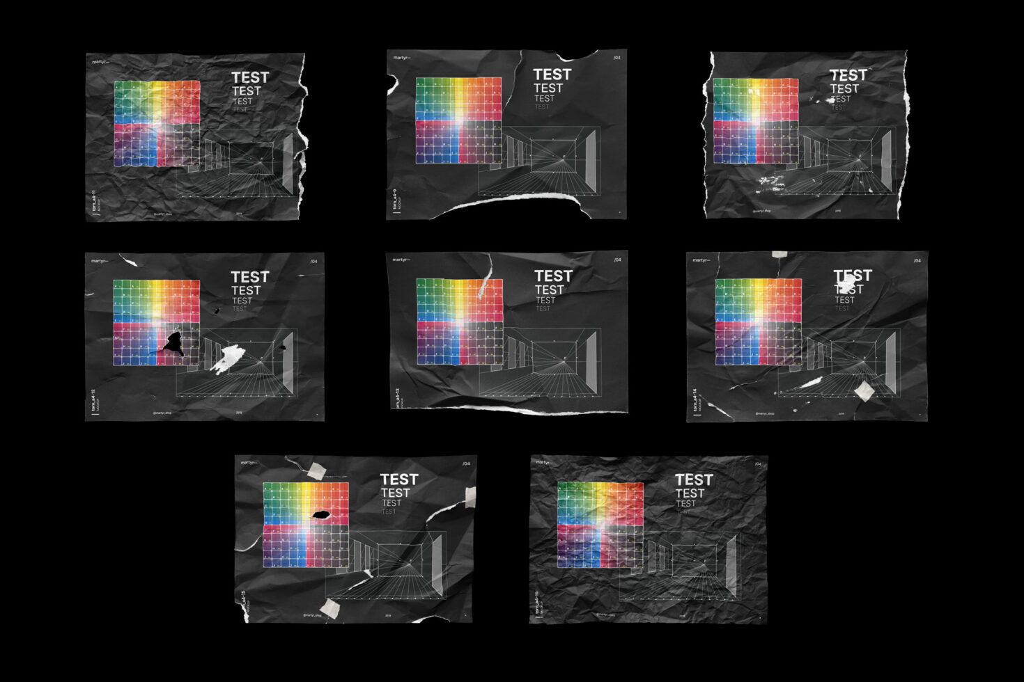 Eight color test card mockups with rainbow gradient grids on dark textured backgrounds
