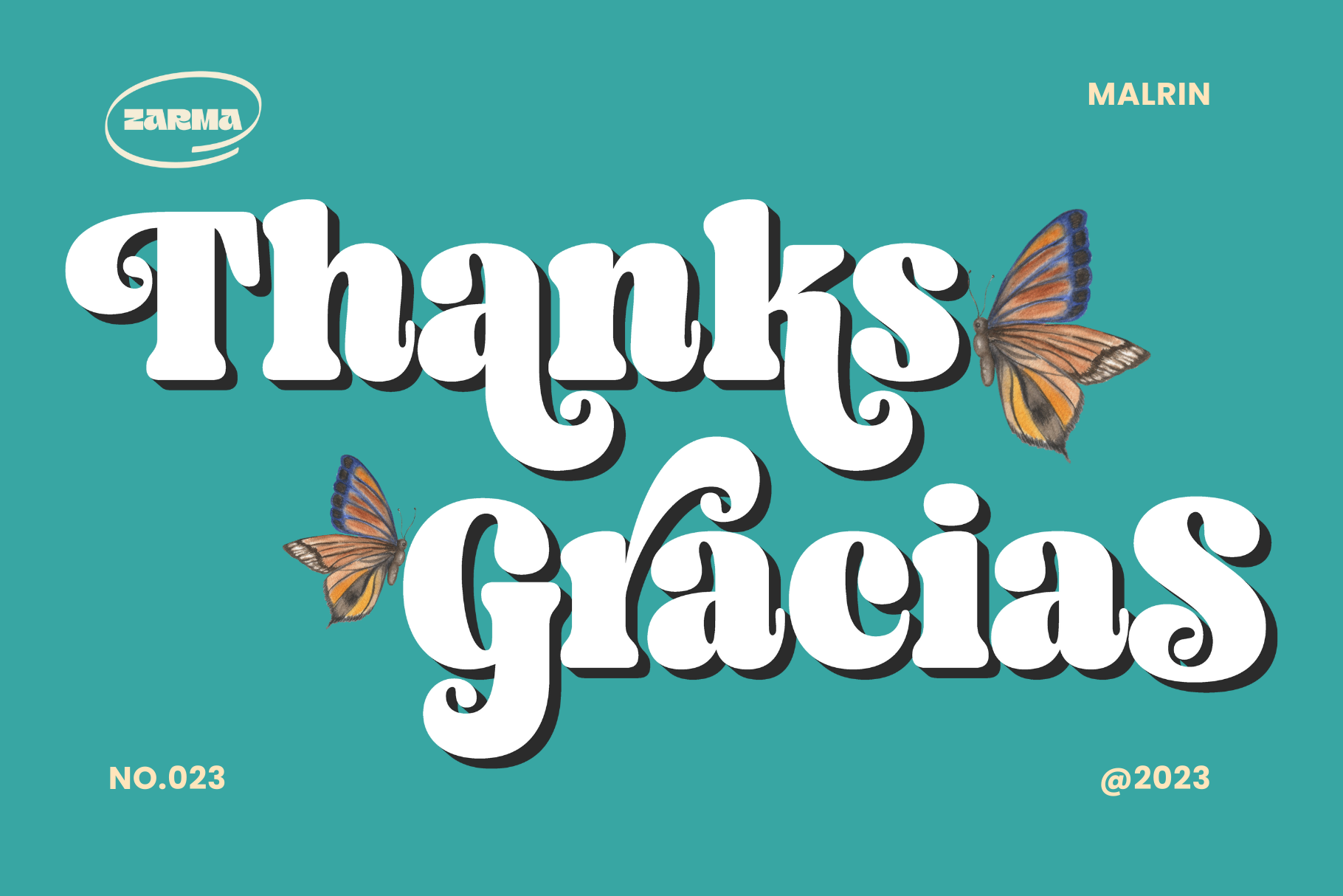 Thanks Gaeia text in white serif on teal with butterflies, Zarma font sample