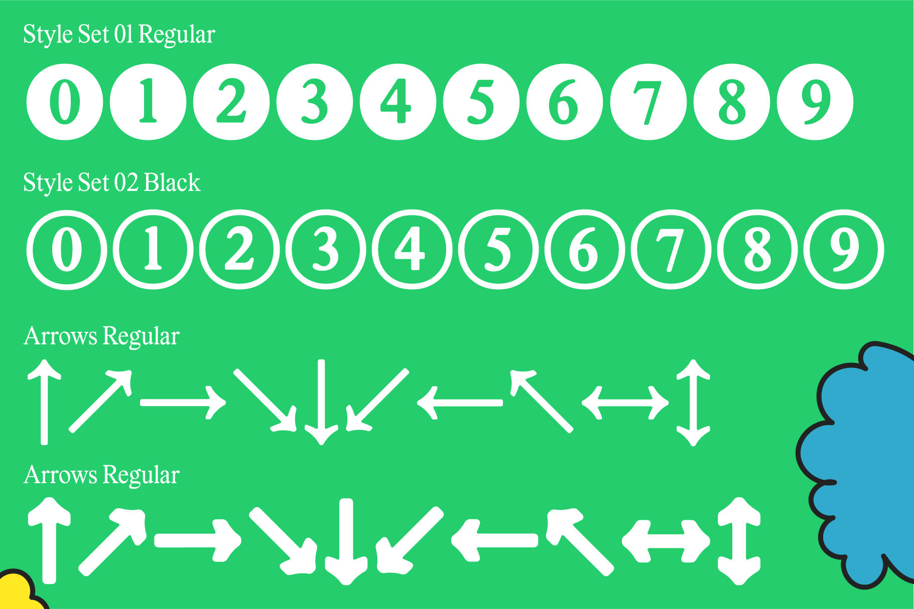 Font set displaying numbers 0-9 in regular and bold style with white arrows on green background. Ideal for design templates, typography, graphics, mockups.