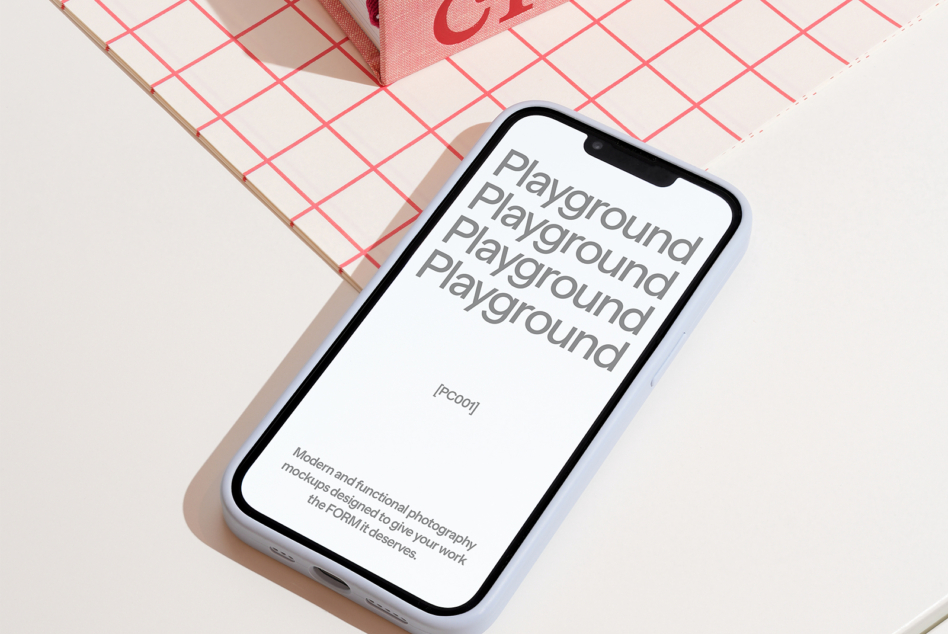 White iPhone mockup with light grey text on grid background