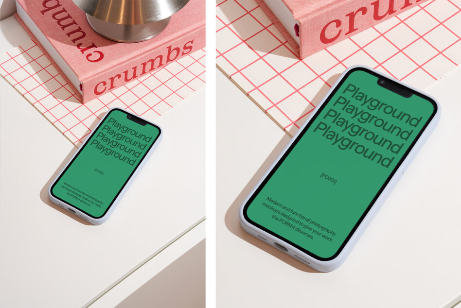 iPhone mockup displaying green screen next to pink crumbs branded box