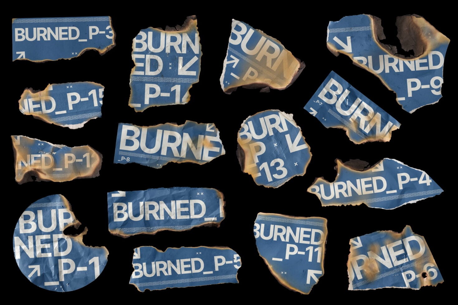 Torn blue labels with white text saying BURNED scattered across black background