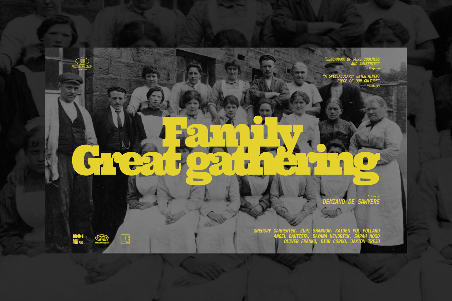 Vintage family photo with bold yellow typography overlay titled Family Great Gathering suitable for graphic templates and design mockups.