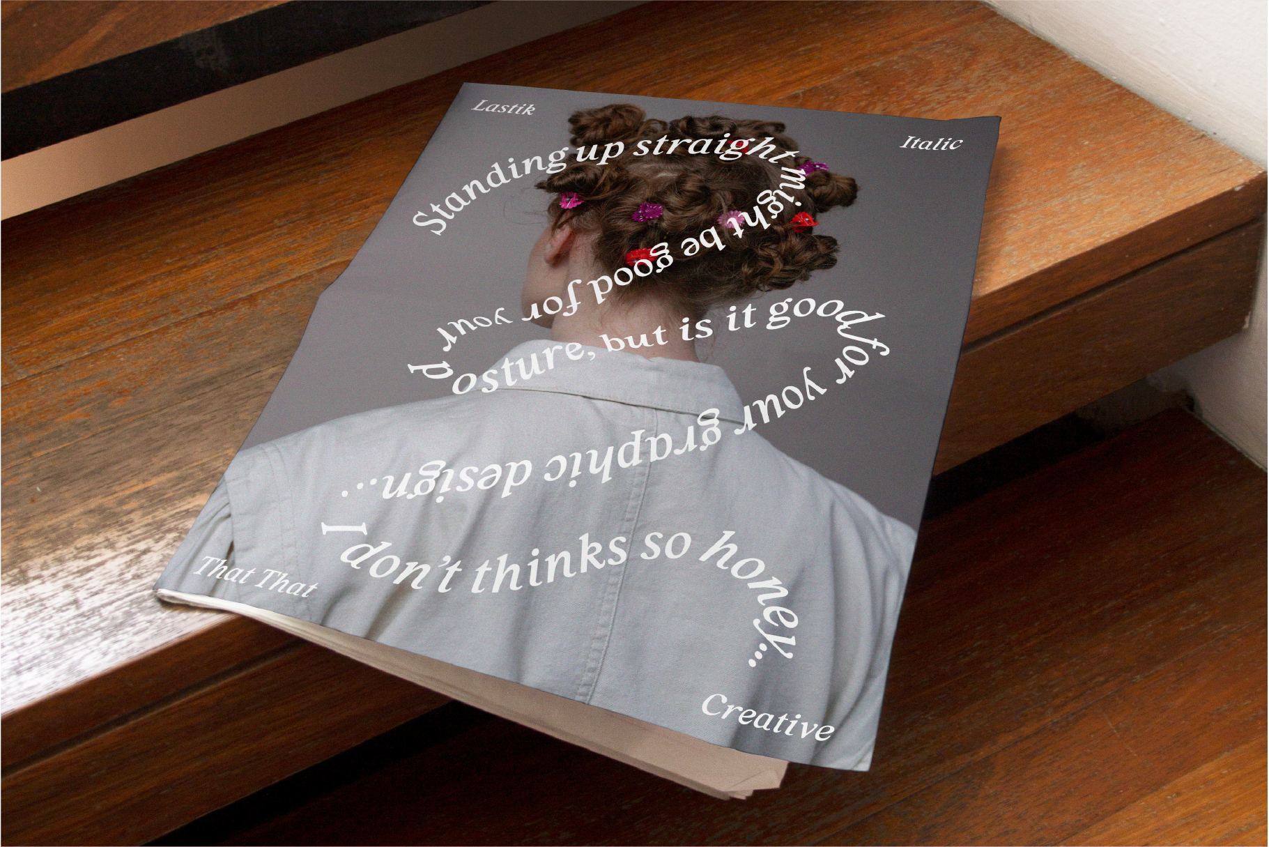 Mockup of a fashion magazine cover on a wooden bench featuring creative typography design with playful fonts ideal for graphic design projects.