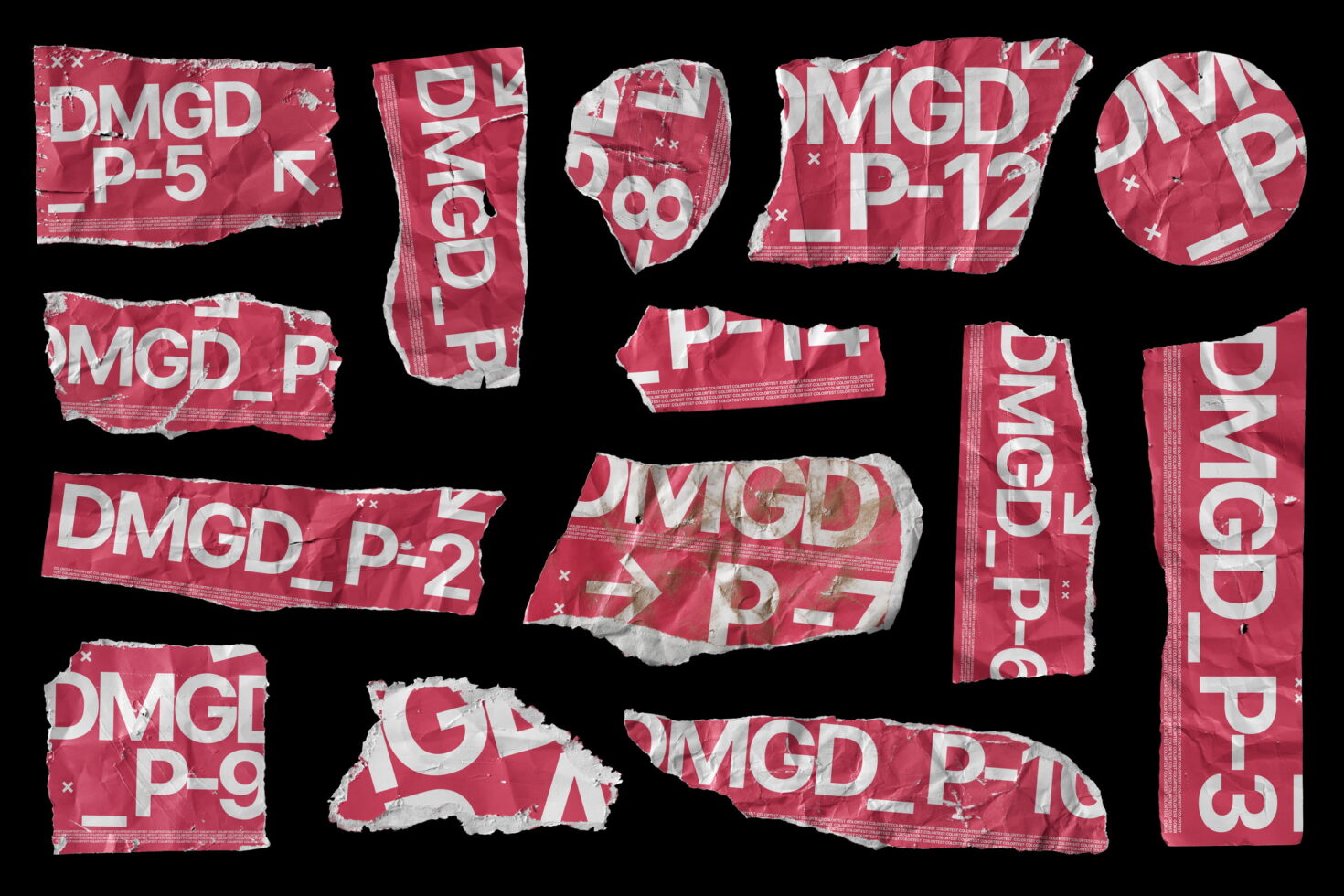 Damaged fabric texture mockups in magenta, various torn shapes with weathered look