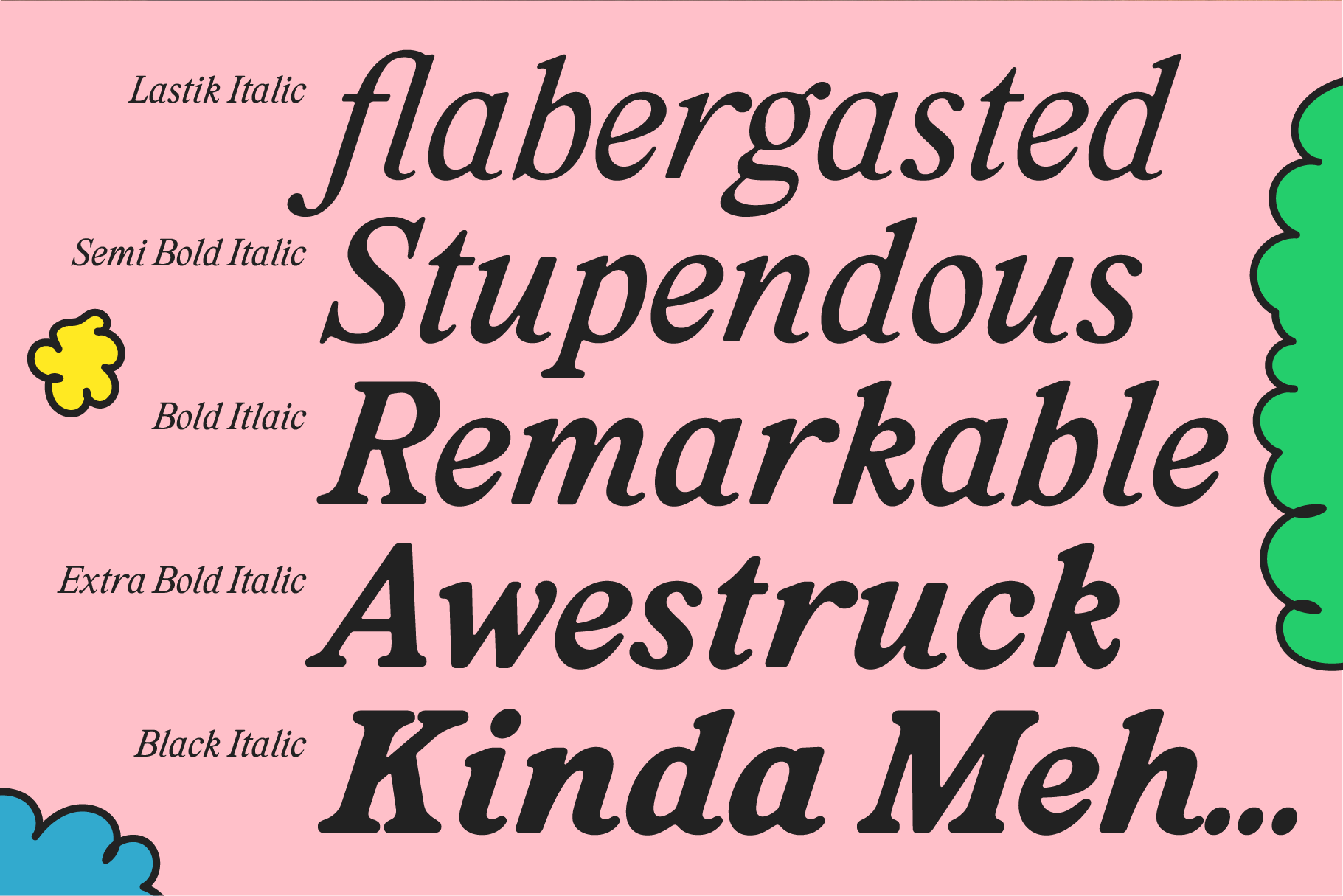 Stylized typography showcasing various italic font weights on a pink background with decorative elements. Perfect for designers seeking unique fonts.