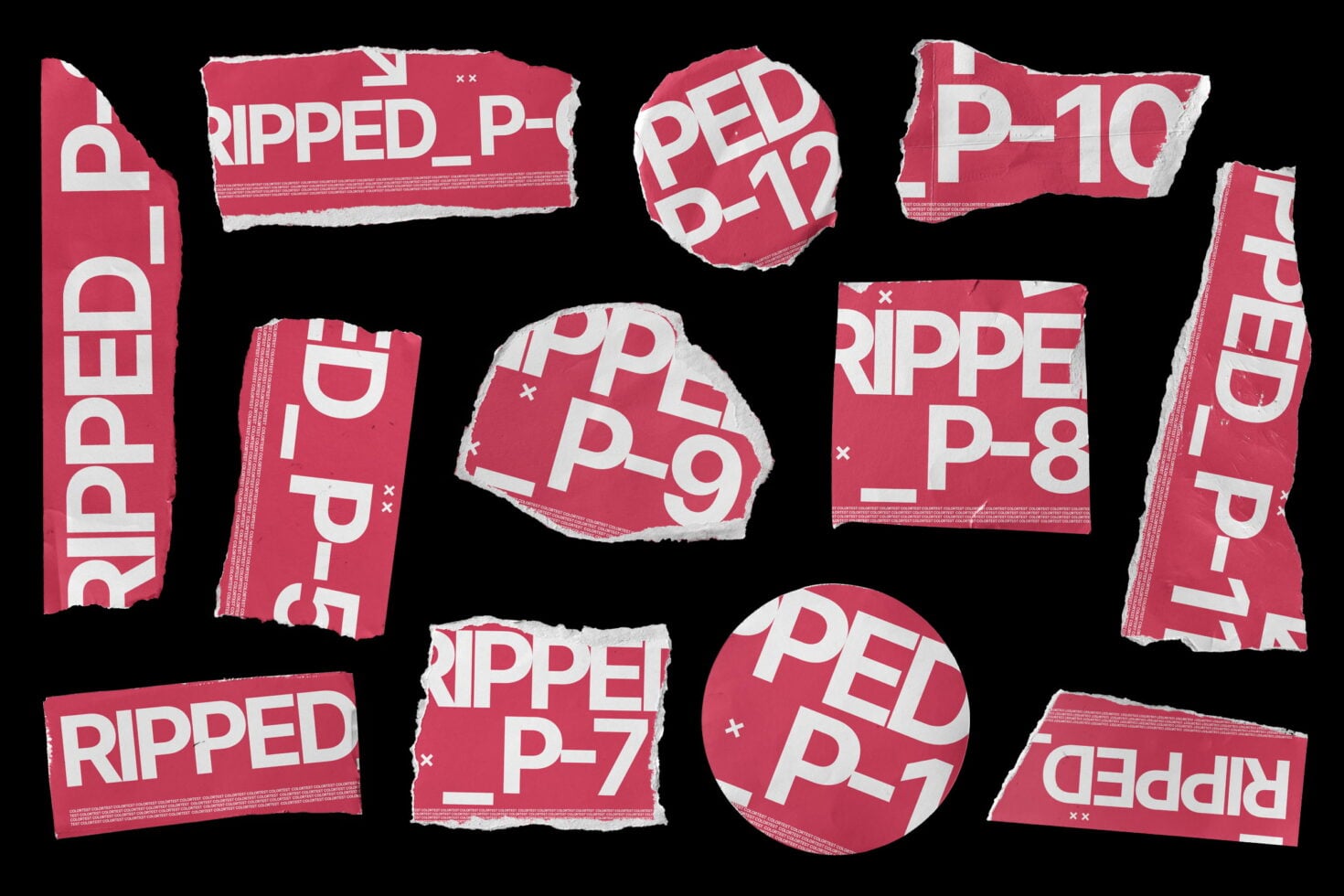 Ripped paper mockup pieces in hot pink scattered layout with rough torn edges