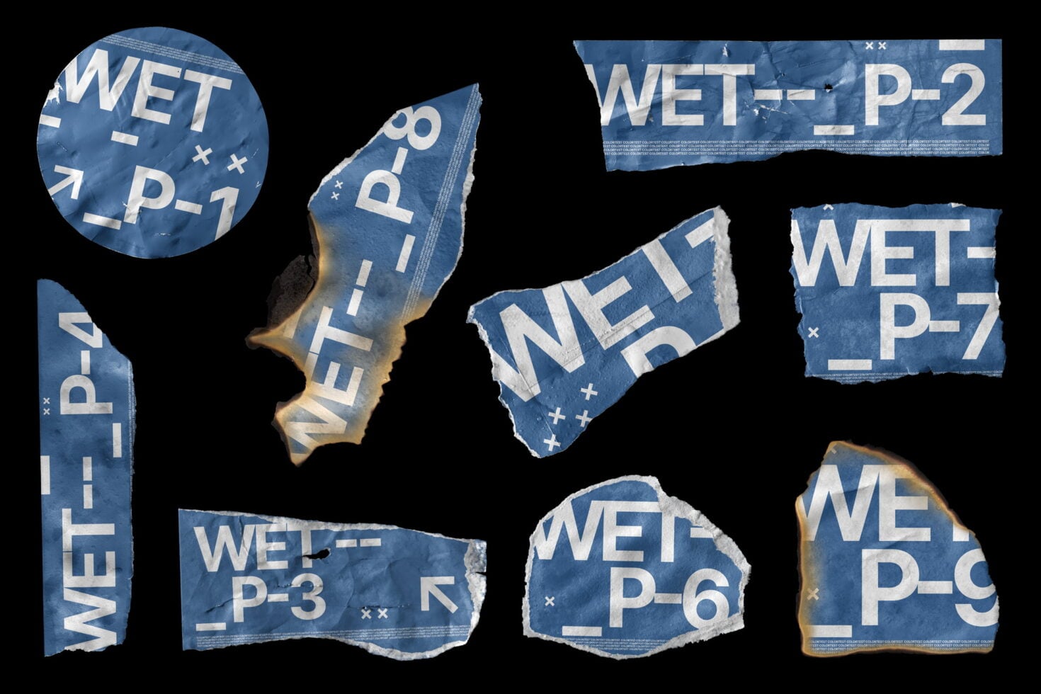 Water damaged fabric texture mockups scattered on black, blue tones with burn edges