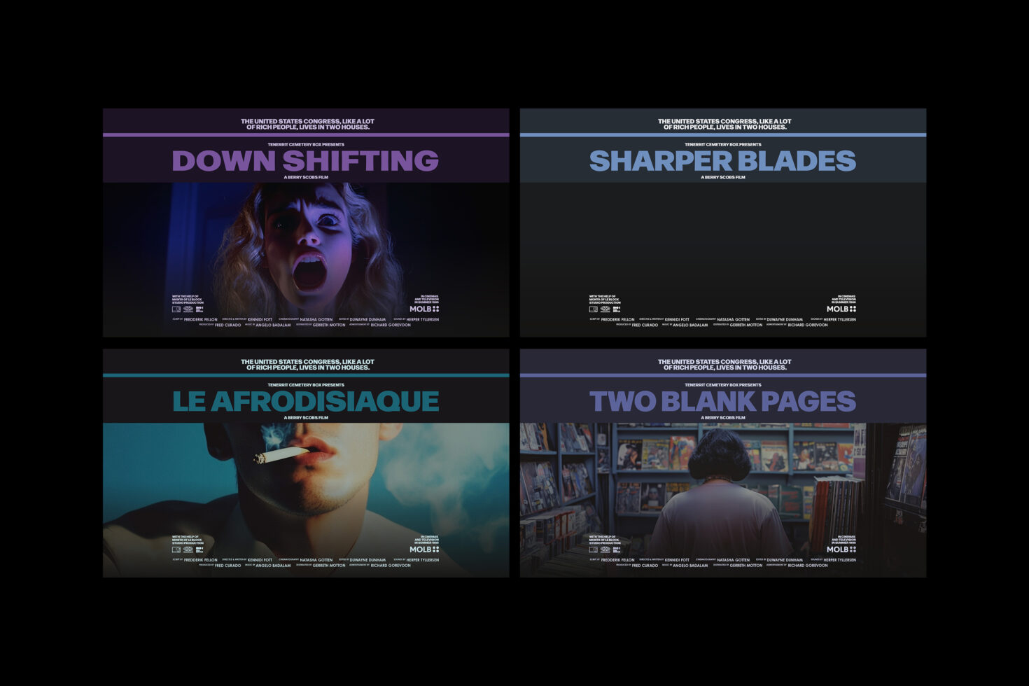 Collage of four movie posters with bold titles: Down Shifting Sharper Blades Le Afrodisiaque Two Blank Pages. Ideal for graphic design inspiration.