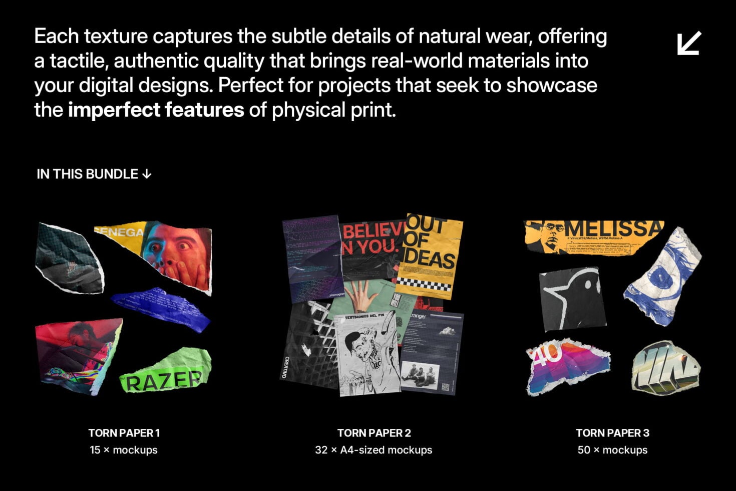 Bundle showing torn paper mockups set, three collections with varying piece counts