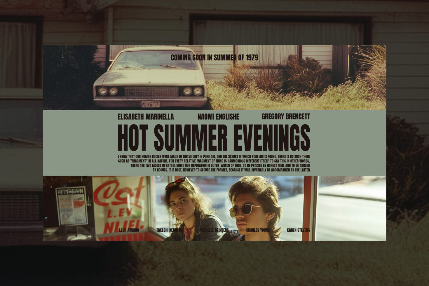 Vintage movie poster design, retro aesthetic, 1979 theme, featuring film title Hot Summer Evenings with classic car, bold typography, and cast names.