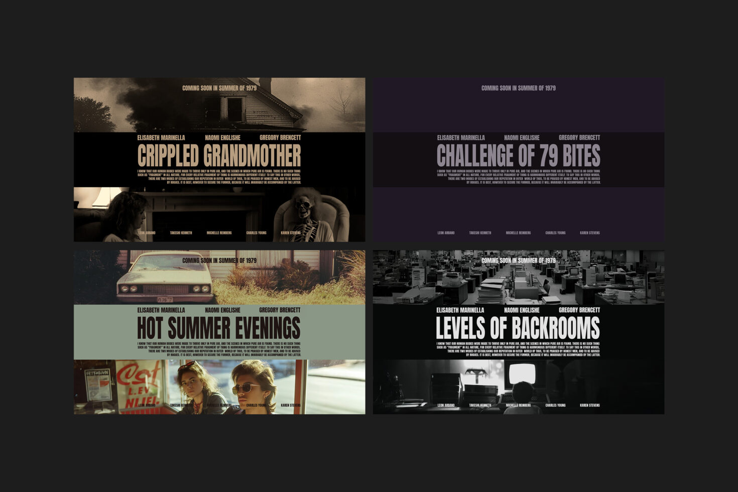 Four vintage movie posters from 1979 with bold text titles. Keywords: poster design, retro mockups, vintage graphics, typography template.