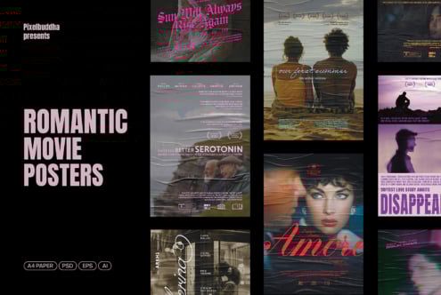 Collection of romantic movie poster templates, ideal for designers. Includes diverse styles, A4 size. Formats: PSD, EPS, AI. Perfect for mockups.
