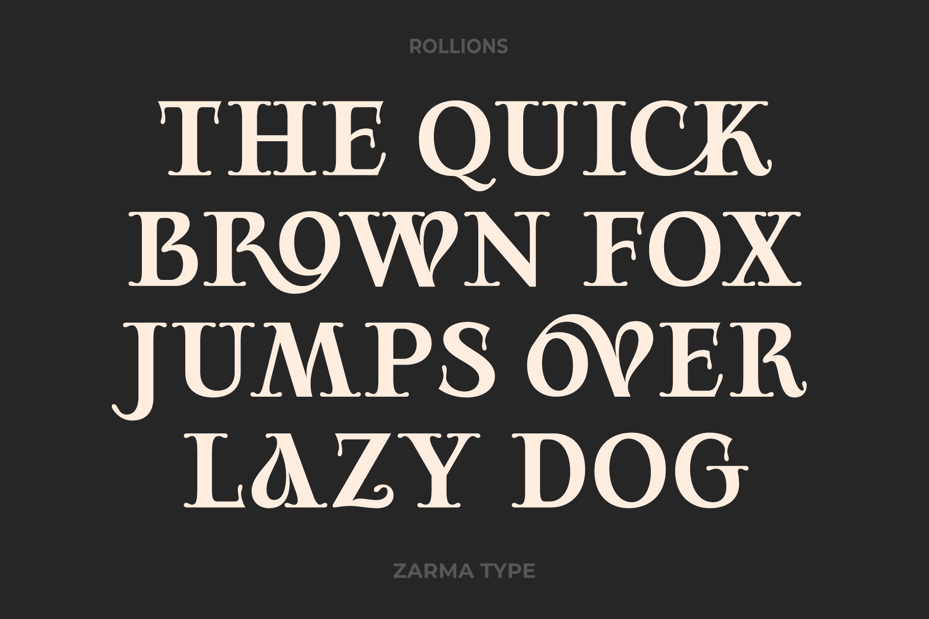 Elegant serif font with decorative curves reading The Quick Brown Fox Jumps Over Lazy Dog on dark background perfect for graphic design templates.