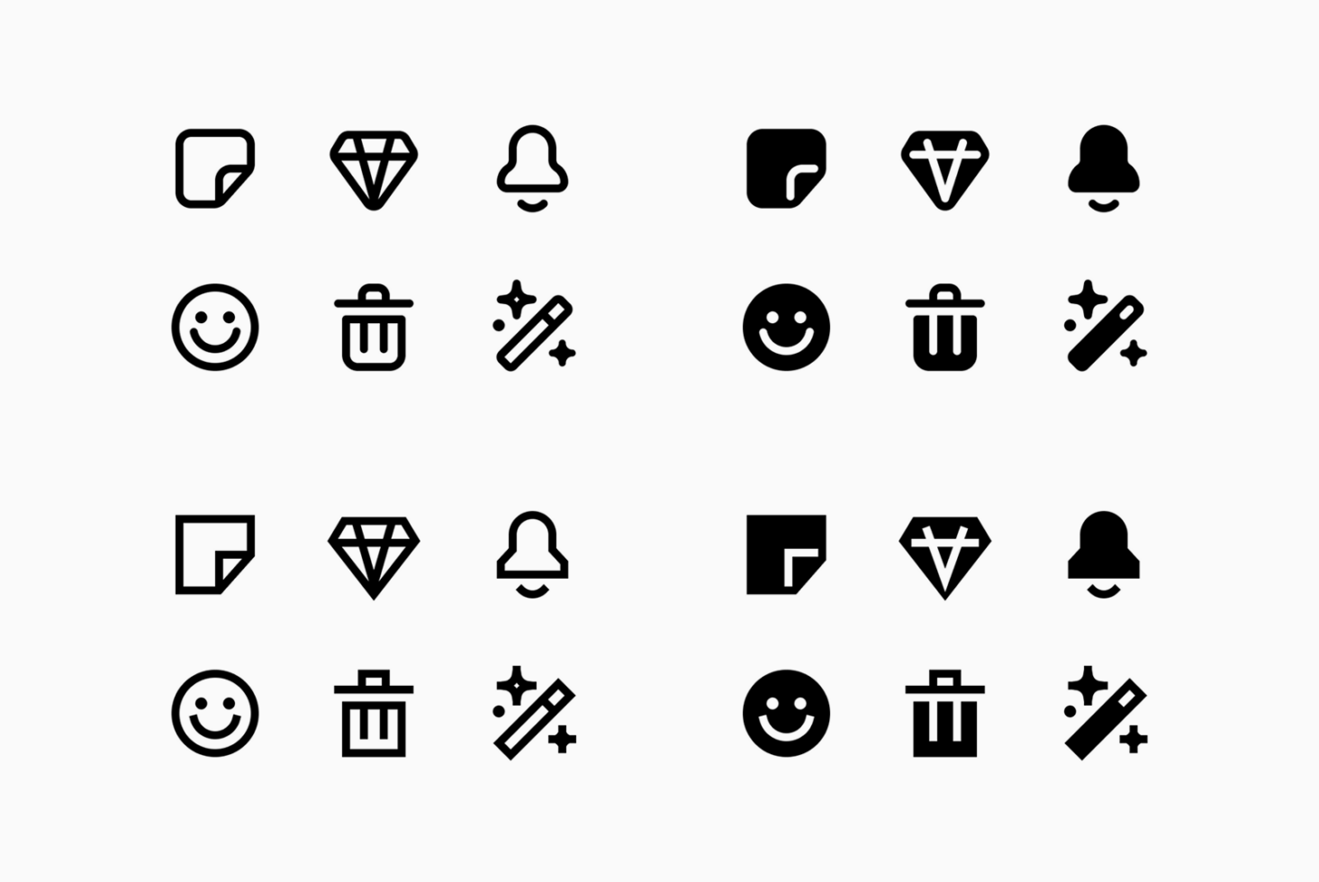 Set of minimalist black and white icons including diamond smiley bell trash for digital design projects templates graphics mockups SEO friendly