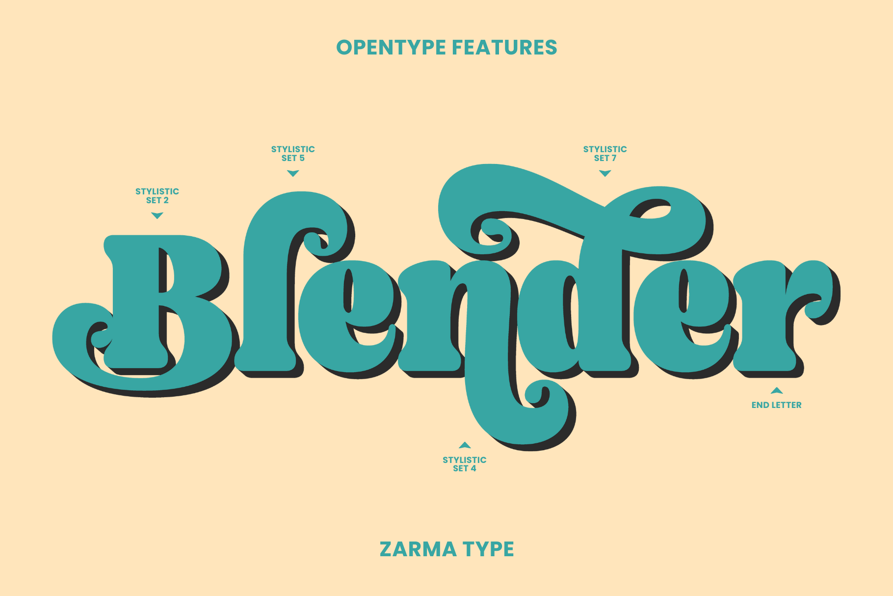 Teal decorative serif typeface showing Blender with stylistic character variations